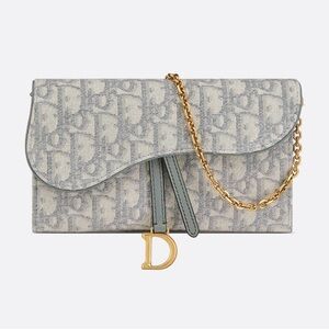 Christian Dior Small Saddle Pouch with Chain Gray Dior Oblique Jacquard